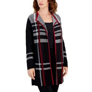 Charter Club Women Black Grey Red Plaid Wool Blend Open Duster Cardigan size 1X